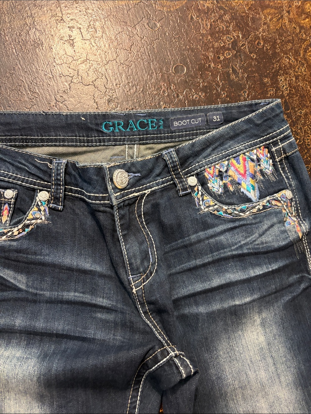 Grace in LA Women's Dark Wash Bootcut Jeans with Embroidered Pockets